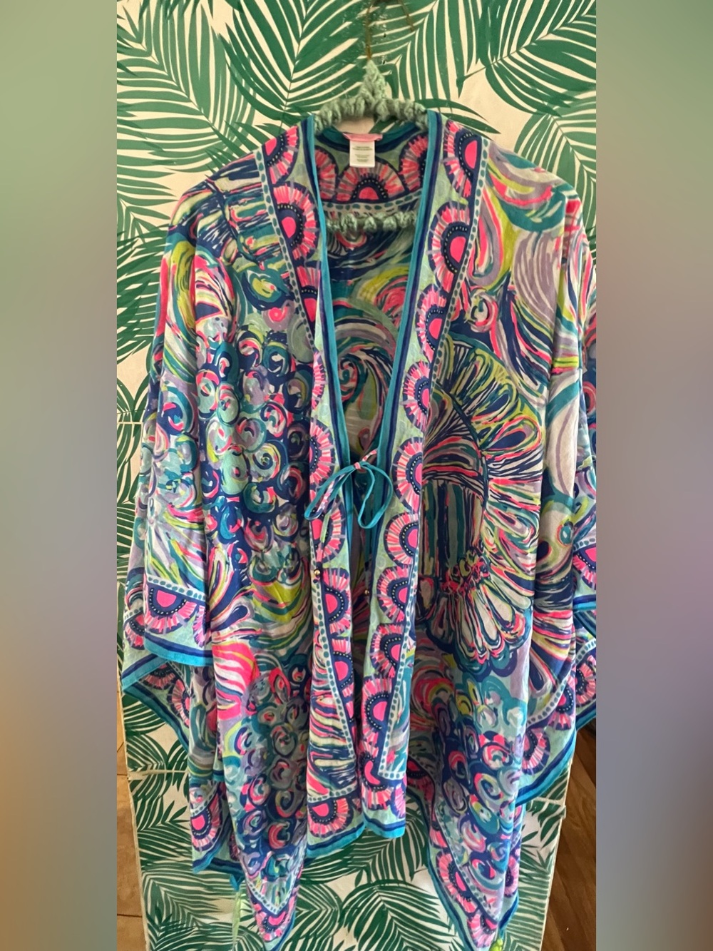Lilly Pulitzer Caftan Gillty Pleasure Blue Teal Pink Floral Print One Size NWOT